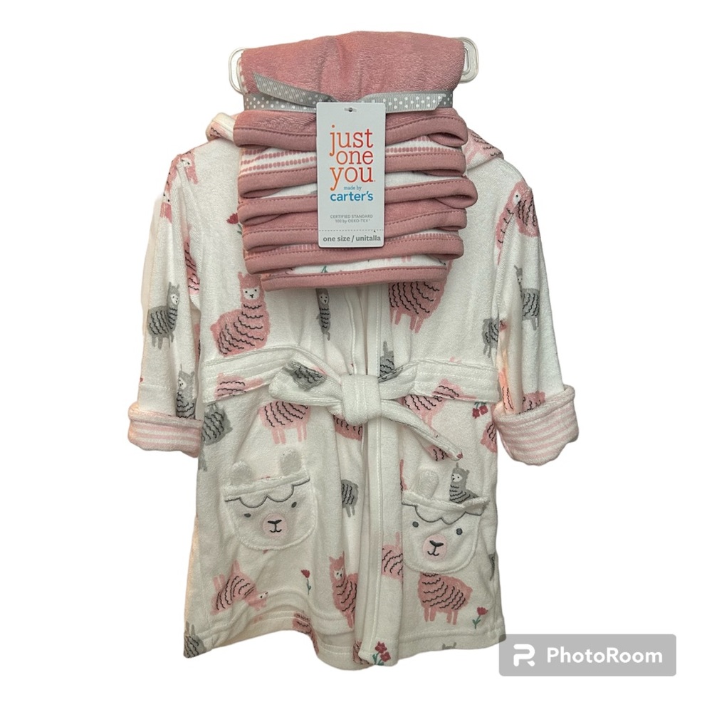 Carter’s Baby Llama Hooded Terry Robe and Matching Wash Cloths Set: 0-9months